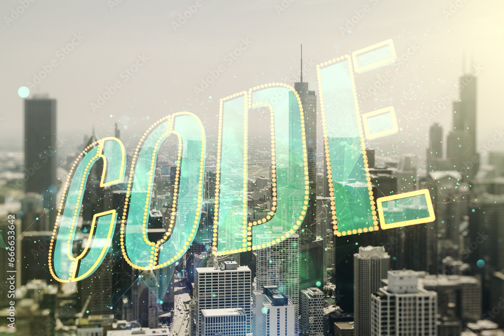 Aufkleber code word hologram on chicago skyscrapers background, artificial intelligence and neural networks co