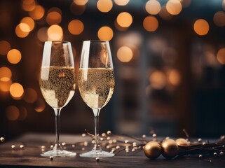 Two glasses of sparkling drink. Against a blurry background