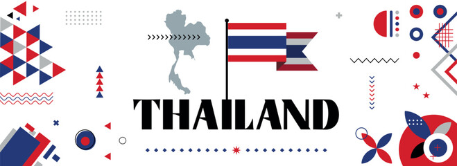 Flag and map of Thailand national or Independence day design for thai celebration. Modern retro design with abstract geometric  icons. Vector illustration. - obrazy, fototapety, plakaty