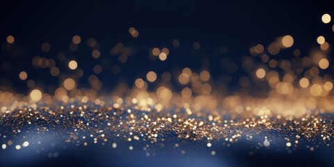 Glittering Holiday Foil: Christmas Golden Light Shine Particles on Navy Blue Bokeh Background - obrazy, fototapety, plakaty