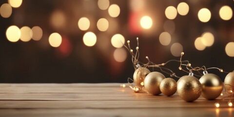 Fototapeta premium Graphic Art Christmas Lantern Decoration on a Wooden Desk with Bokeh Lights in Background