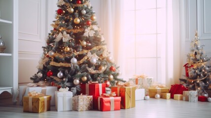 Gorgeous Christmas Tree Adorned with Glittering Ornaments and Abundant Gifts, Set Against a White Wall Backdrop and Wooden Flooring with Ample Room for Messages