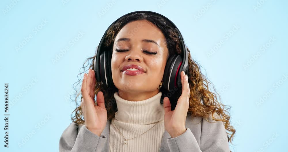 Poster Radio, dance and sing with a woman on a blue background in studio for freedom, energy or wellness. Music, streaming and headphones with a happy young gen z person moving to audio sound to relax