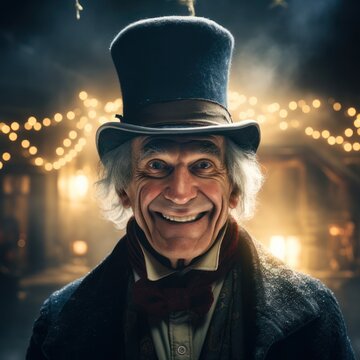 Happy Ebenezer Scrooge Celebrates Christmas with Ghosts and Family by the Warmth of the Winter Fire