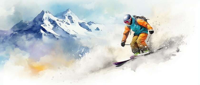 Illustration of a snowboarder with colorful watercolor splash, isolated on white background .
