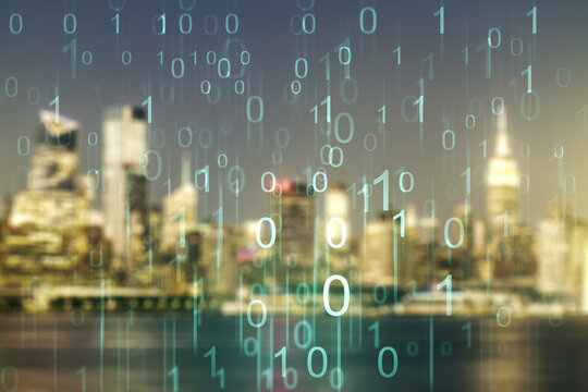 Abstract virtual binary code hologram on blurry skyscrapers background, AI and machine learning concept. Multiexposure