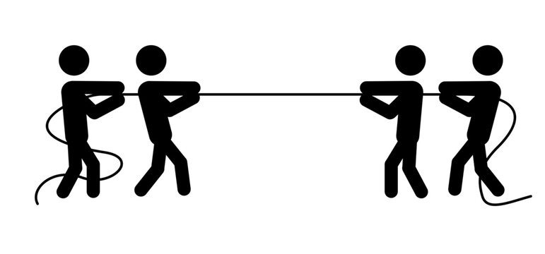 Teamwork competition game, pull loop people. Business teams, rope pulling test contest concept. Business people tug of war competition concept. Action idea problem. Cord drag and win play.
