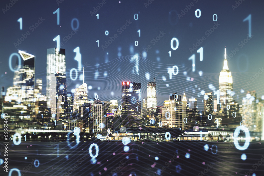 Aufkleber Abstract virtual binary code illustration on New York city skyline background. Big data and coding concept. Multiexposure