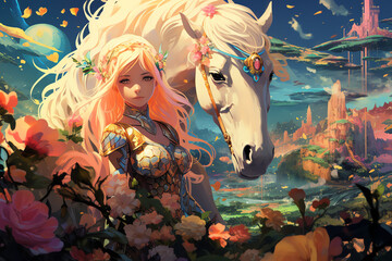 Obraz na płótnie Canvas Blondes Mädchen mit weißen Pferd