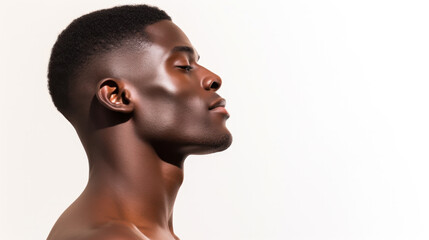 Side view. Young handsome muscled African man posing isolated over white background. Concept of beauty, cosmetics, spa, well kept skin. Copy space for ad, design