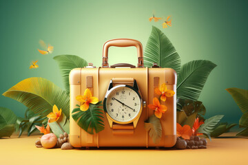 vacation travel time banner, closed travel suitcase with clock outside with copy space area - Generative AI