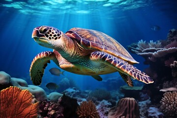 Obraz na płótnie Canvas Enormous tropical sea turtle in underwater setting. Generative AI