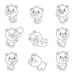 Cute bear character. Coloring Page. Kawaii teddy in different funny poses. Vector drawing. Collection of design elements.