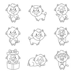 Obraz premium Cute cow character. Coloring Page. Kawaii bull in different funny poses. Vector drawing. Collection of design elements.