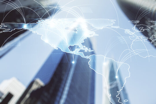 Double exposure of abstract digital world map hologram with connections on blurry cityscape background, big data and blockchain concept