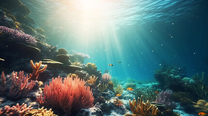 underwater  As sunlight filters down from the surface, it illuminates the underwater world, 
Fishes tropical And Sunshine, Amongst the coral, curious sea creatures such as clownfish and seahorses