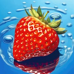 Refreshing and Vibrant Strawberry in Fresh Water Against Blue Background