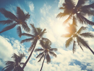 Palm Trees under the Azure Sky: Upward View of Sunlit Blue Sky and White Clouds
