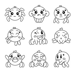 Cute spider character. Coloring Page. Kawaii insect different poses and emotions, love, joy, sadness, anger. Vector drawing. Collection of design elements.