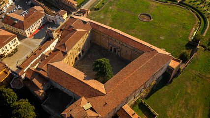 Aerial view of the courtyard of the Ducal Palace in Sassuolo. It is a Baroque villa with a large...
