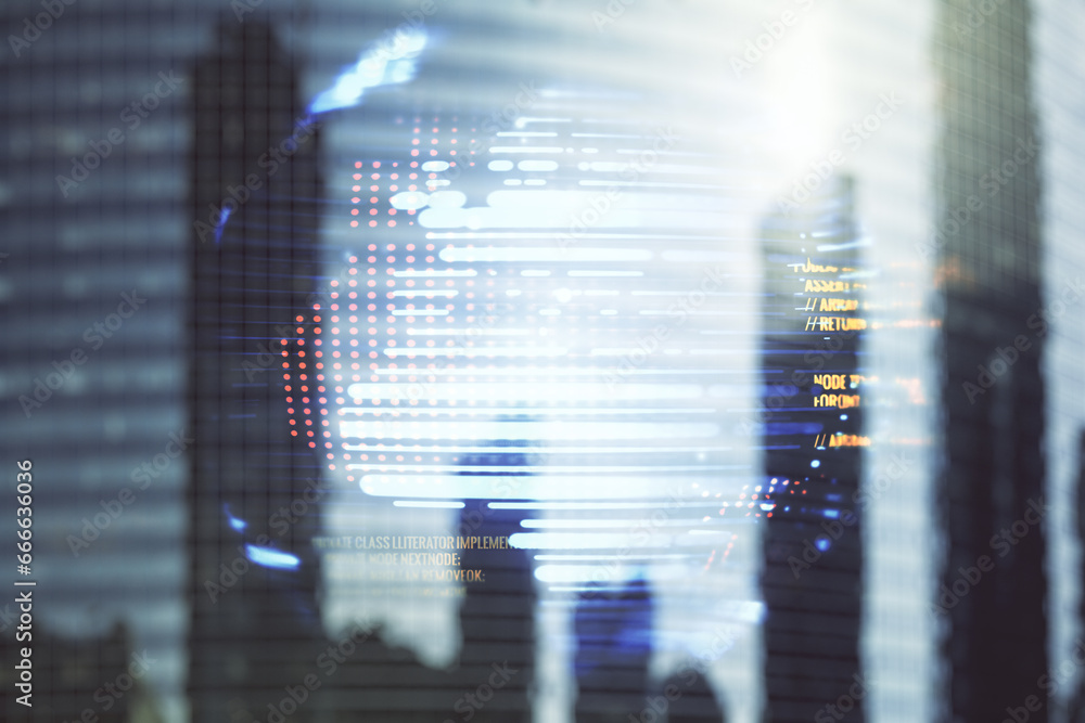 Poster multi exposure of abstract programming language hologram and world map on blurry cityscape backgroun