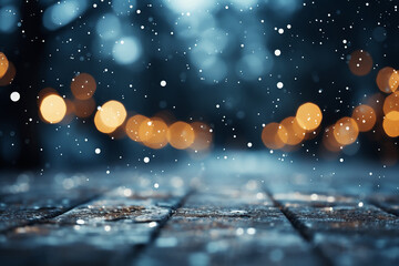 A blurred white christmas, snowing sky abstract background with bokeh glow. AI generative