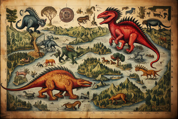 Vintage Landkarte mit Dinosauriern