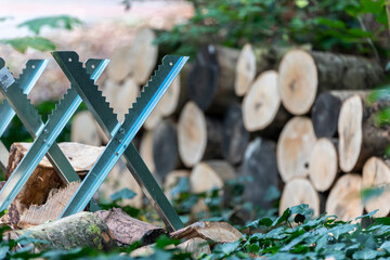 Ein Holzbock zum sägen mit Brennholz dahinter
