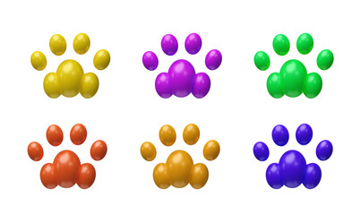 Set of 3d render pet paw. Animal pet foot of cats, kitten. Cute veterinary symbol. Vector illustration in plasticine style. Collection in different colors of silhouettes, Footprint shape design