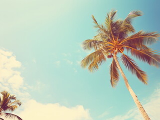 Fototapeta na wymiar Palm Trees under the Azure Sky: Upward View of Sunlit Blue Sky and White Clouds