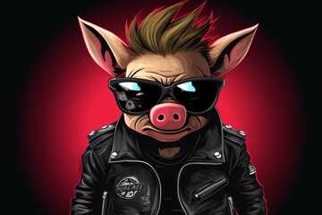 A cartoon pig with a rebellious and edgy punk style. Generative AI - obrazy, fototapety, plakaty