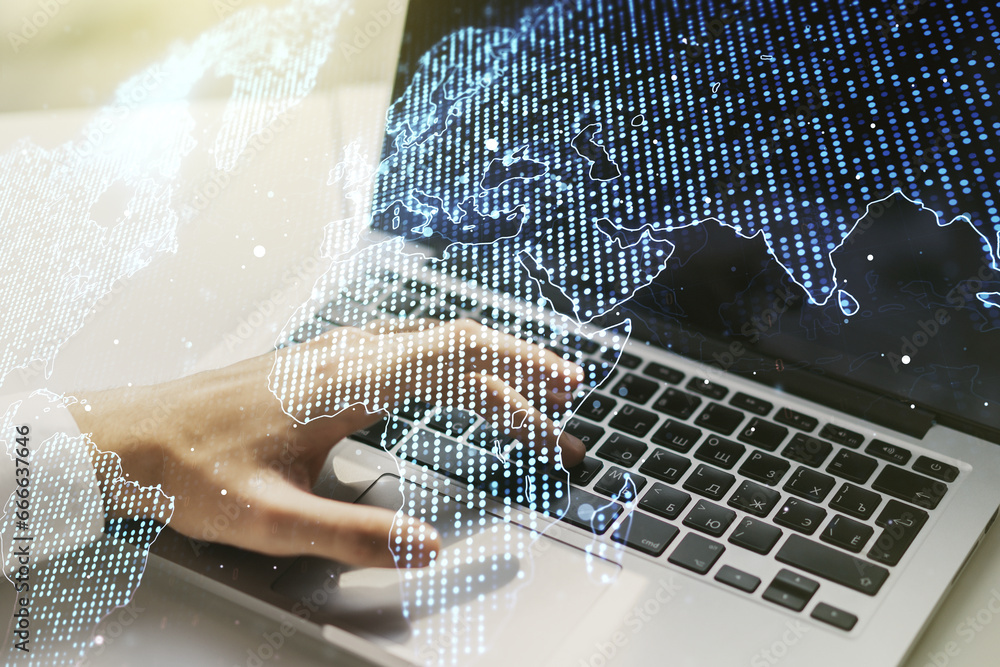 Poster double exposure of abstract digital world map and hand typing on laptop on background, big data and 