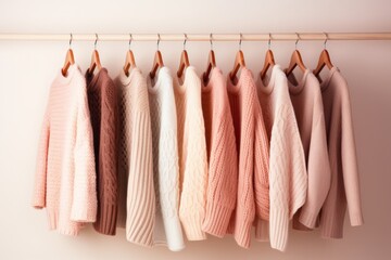 Warm knitted autumn or winter clothes hanging on a rack