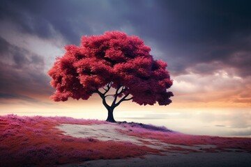A colorful cherry tree stands on the border of a vast field in the stunning hues of autumn. Generative AI