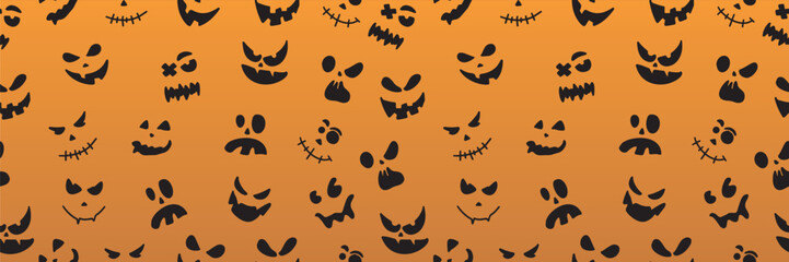 Seamless pattern with cute and creepy pumpkins, ghosts and monster faces for Halloween design. Vector illustration. Vector illustration