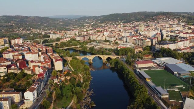 City Ourense. Galicia, Spain 4K Aerial view Drone View. 26 august 2023
