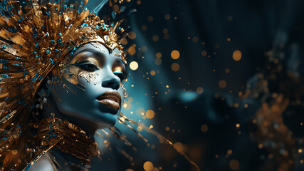 Schönes Model Gesicht einer Frau mit grandioser Visagistik in gold Antik und spezial Effekten Nahaufnahme als Poster im Querformat, ai generativ