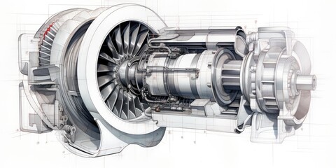 a mechanical drawing of a turbine,  in a horizontal format in a Mechanical-themed, photorealistic illustration in JPG. Generative ai - obrazy, fototapety, plakaty