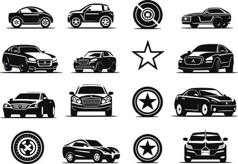 Set of Sports Car Logo Icons in Black - Isolated on White Background, 2D Vector Illustrations