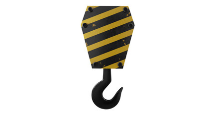 Striped yellow black industrial crane hook isolated on transparent and white background. Industry concept. 3D render