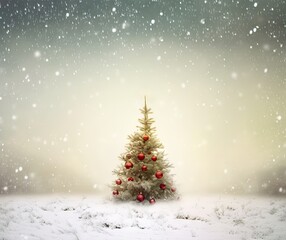 Cozy Christmas: Red Ornaments and Snow on a Small Tree in a Snowy Landscape, Winter Holiday Background