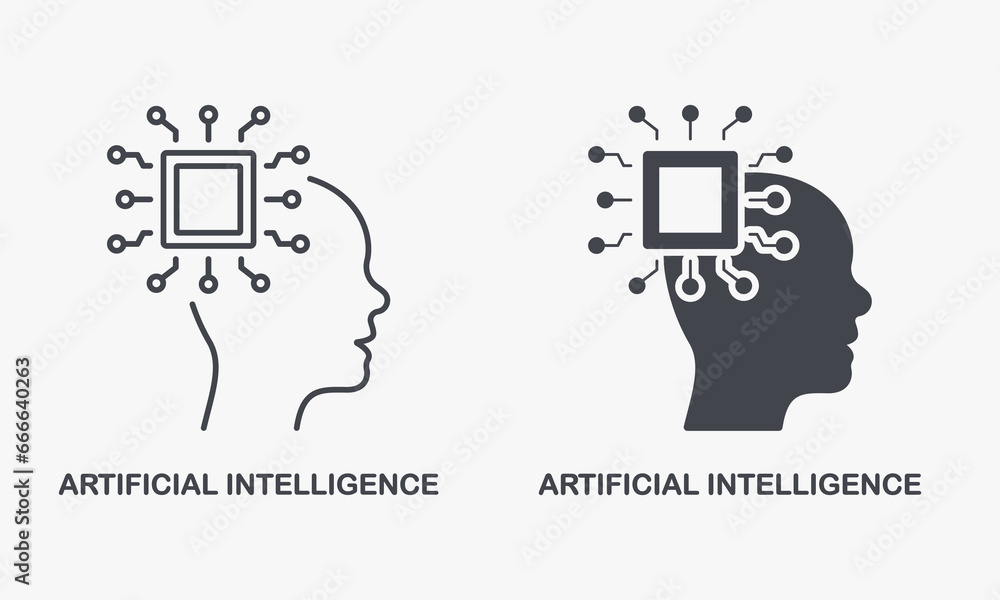 Poster ai in human brain pictogram. digital technology and machine learning symbol collection. artificial i
