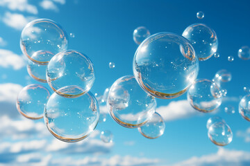 Big bubbles, blurred clear sky and cloud. AI generative