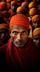 Fototapeta premium man surrounded by a crowd of people in yellow and orange