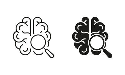 Brain with Magnifier Silhouette and Line Icons Set. Research of Human Mind, Medical Exam Pictogram. Neurology Science Exploration Black Symbol Collection. Isolated Vector Illustration