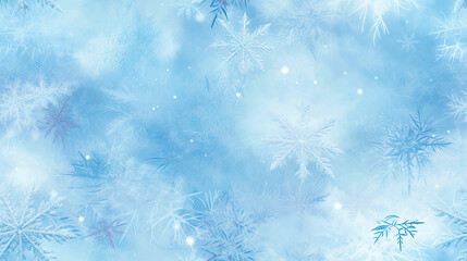 Snowflakes and frost crystals. Seamless Winter texture background.