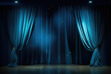 dark theatre stage blue curtains with spotlights