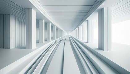 Minimalist abstract architectural corridor, defined by straight lines and expansive white surfaces. The corridor appears endless, creating a sense of depth and tranquility.