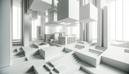Artistic 3D render of abstract architecture that captures the essence of simplicity and elegance. The scene showcases pure geometric constructs and vast open areas, all bathed in a uniform clean white