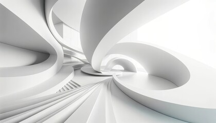 Abstract architecture, where geometric shapes and smooth curves merge seamlessly. The entire scene is bathed in a clean white hue, emphasizing the purity and minimalism of the design.